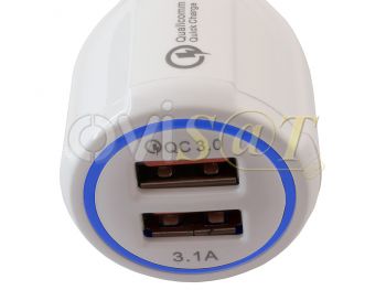 Cargador de coche blanco universal de carga rápida y 2 salidas Quick Charge USB 3.0 / 3.1A e iluminación LED